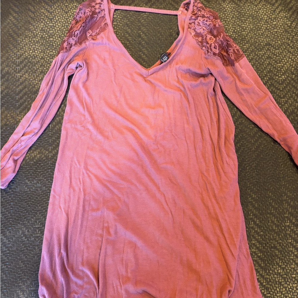 Pink Long Sleeve Dress with Lace Accents